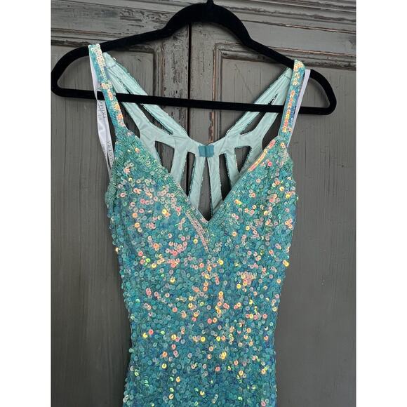 Primavera Sequin Aqua Green dress Prom Full Length size 2 maxi evening gown - Picture 4 of 11